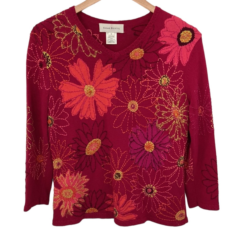 Vintage Magenta Pink Hand Embroidered Floral Knit Sweater